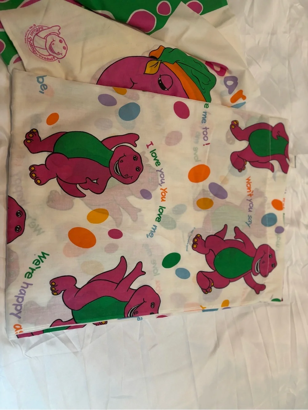 Vintage Barney 1992 kids Sheet Set in Pink Green and White